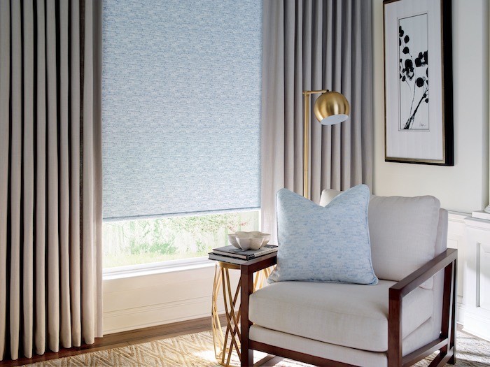 Chair and roller shade with custom drapes